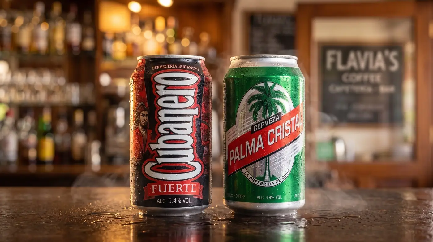 Latas de Cubanero y Palma Cristal con gotas de condensación sobre la barra de Flavia's Coffee