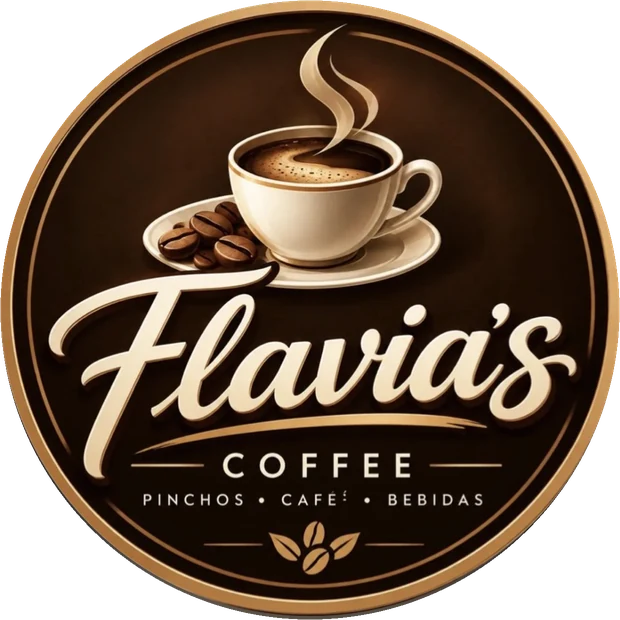 Logotipo de Flavia's Coffee: taza de café con vapor, pinchos, café y bebidas